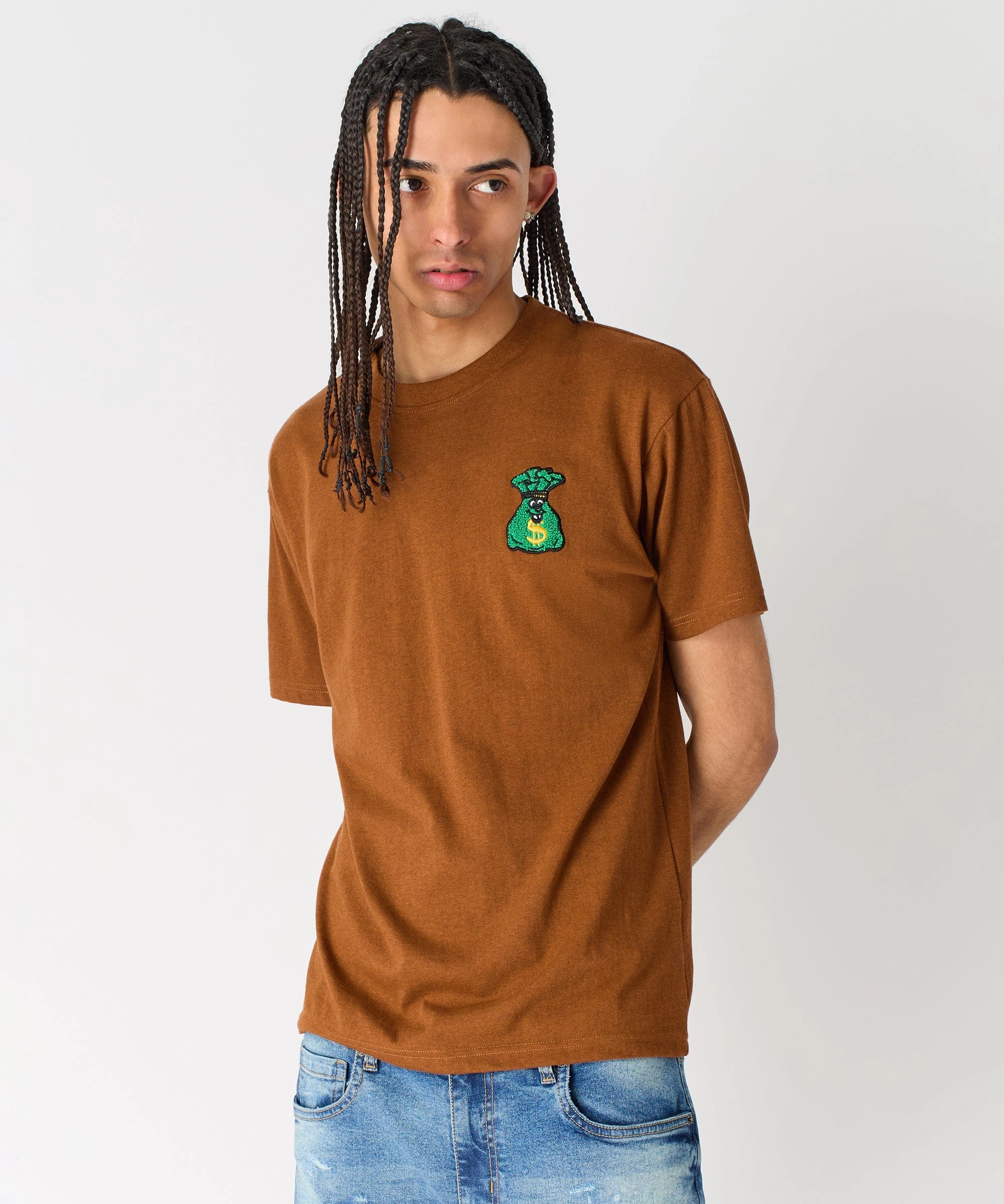 NonRestrictive Armholes Money Bags Chenille Patch Short Sleeve Tee - Khaki