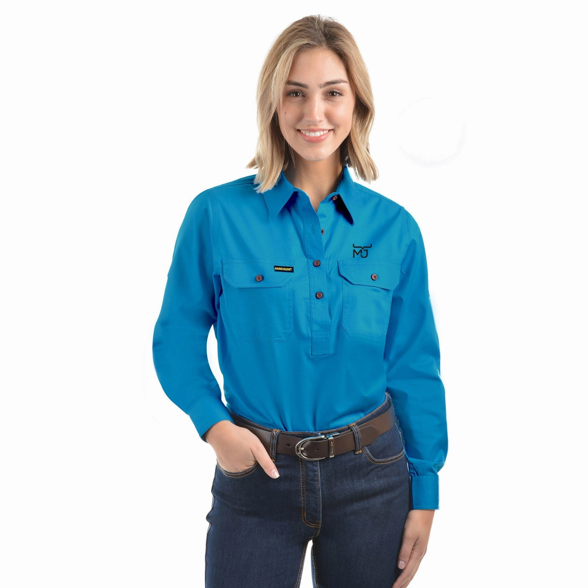 Minimalist Silhouette Ribbed Trim Details Ladies 1/2 Placket Long Sleeve Shirt