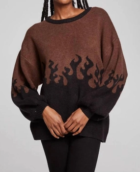 Chic Knit Winter Layers Foxy Sweater Flames Golden Pullover In Cocoa Brown
