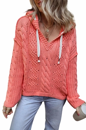 Effortless Style Coral Knit Drawstring Hooded Sweater In Strawberry