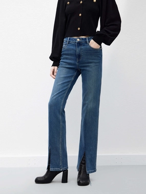 Natural Look Pre Shrunk Fabric Front Slit Straight Jeans