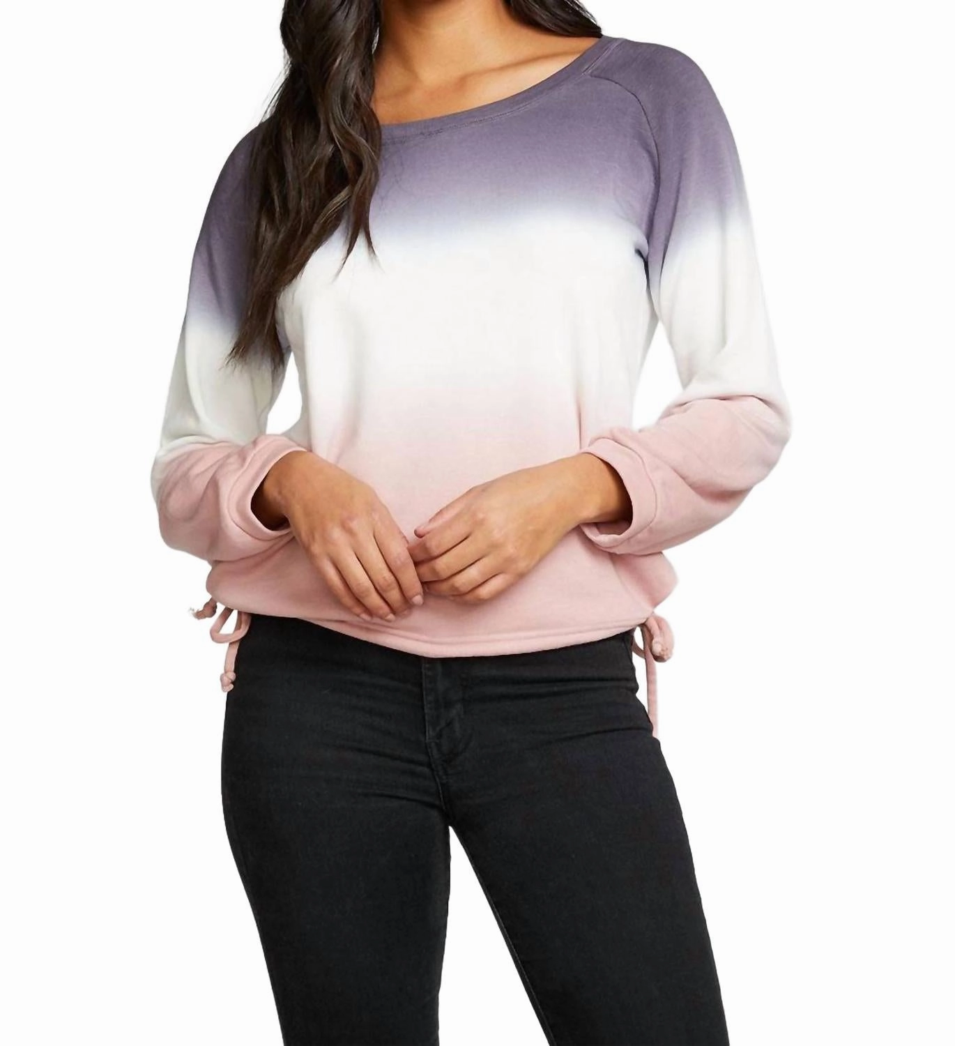 Slub French Terry Blouson Sleeve Side Tie Raglan Pullover In Sunset Ombre Curved Hemline