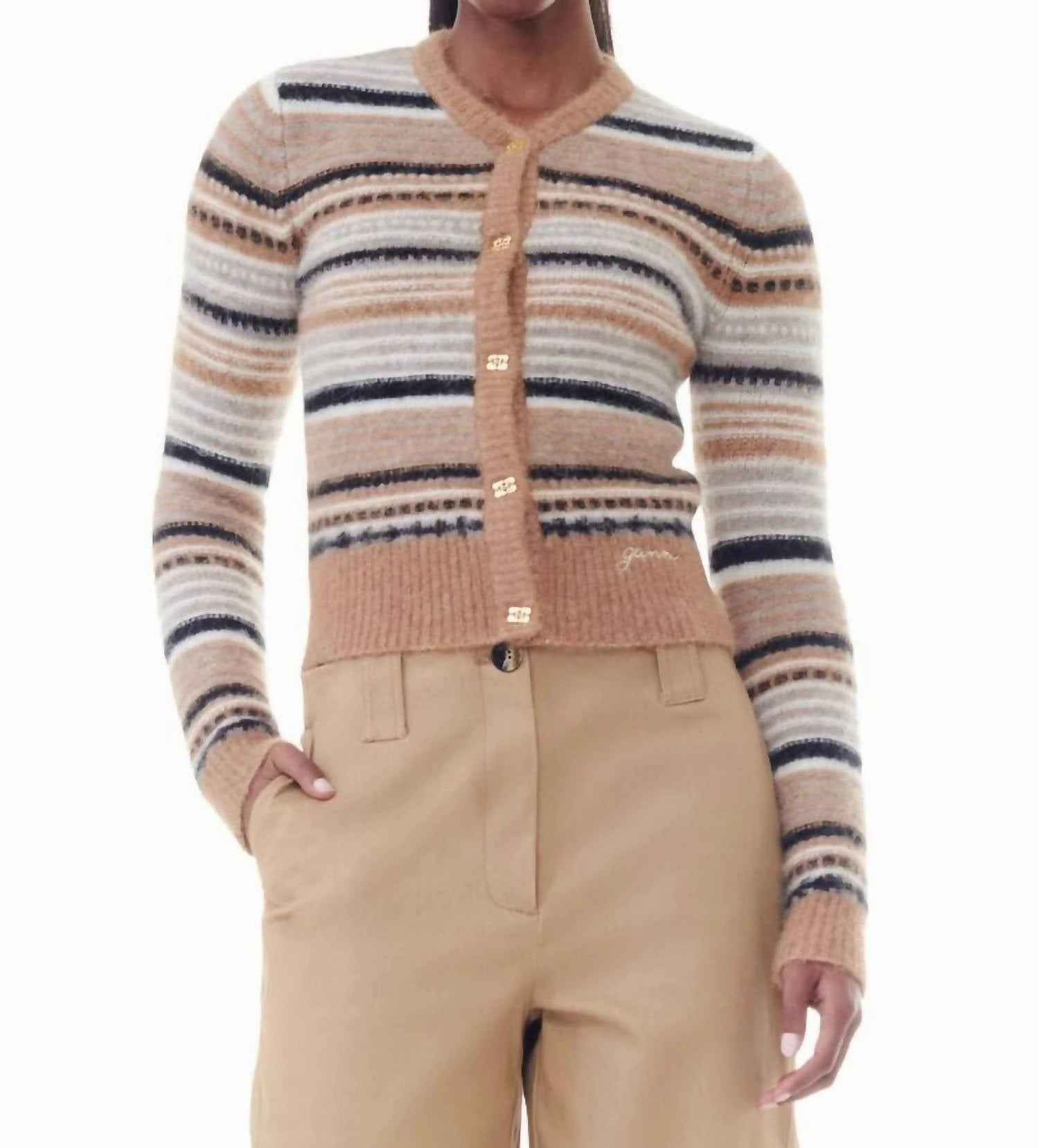 Cozy Wardrobe Flexible Drop Shoulder Soft Wool Stripe Cardigan In Tiger's Eye
