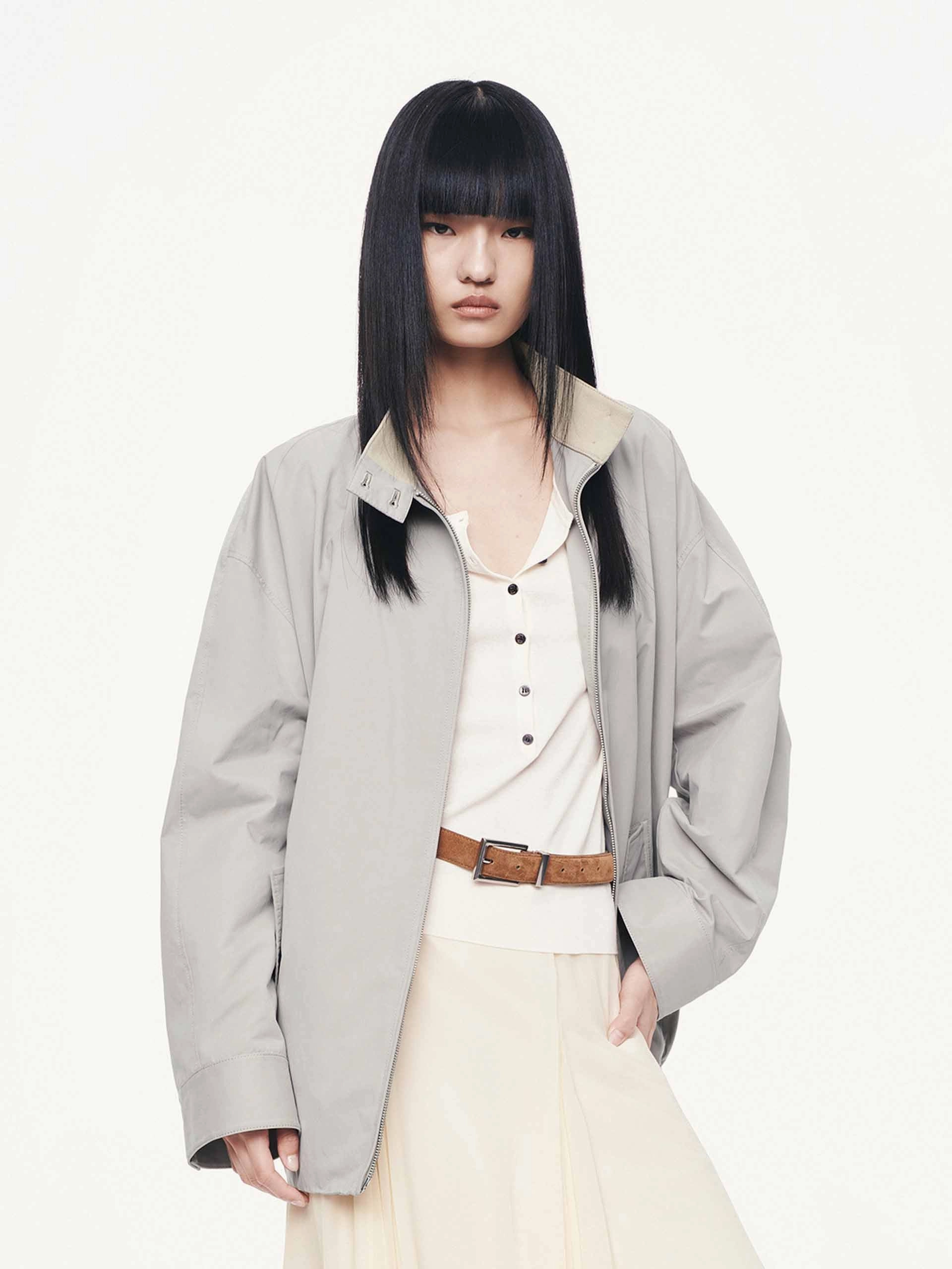 Cotton Blend Zipper Coat Belted Style Mild Weather Layer