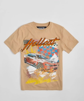 Stretchable Material Dodge Hellcat Racing Embroidered Short Sleeve Tee - Khaki