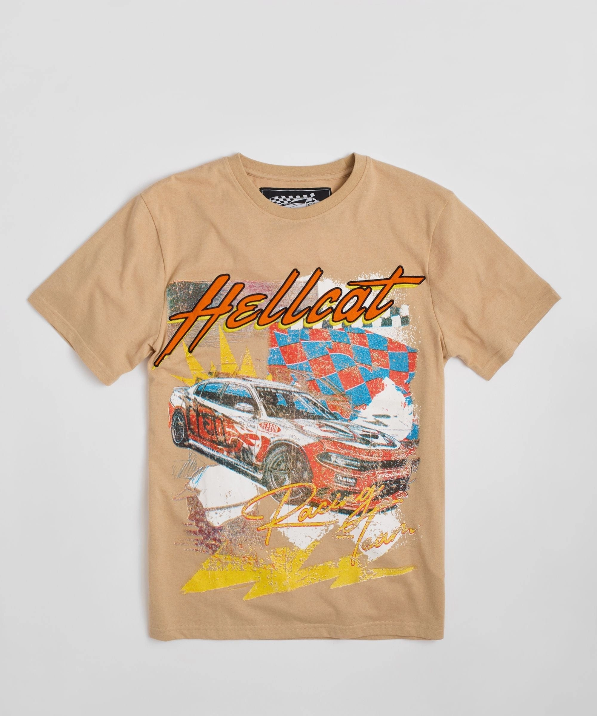 Breathable Material Dodge Hellcat Racing Embroidered Short Sleeve Tee - Khaki