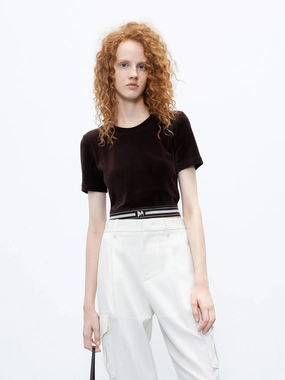 Velvet Touch Cropped Top Contrast Stitch Accent Weighted Hem Trim