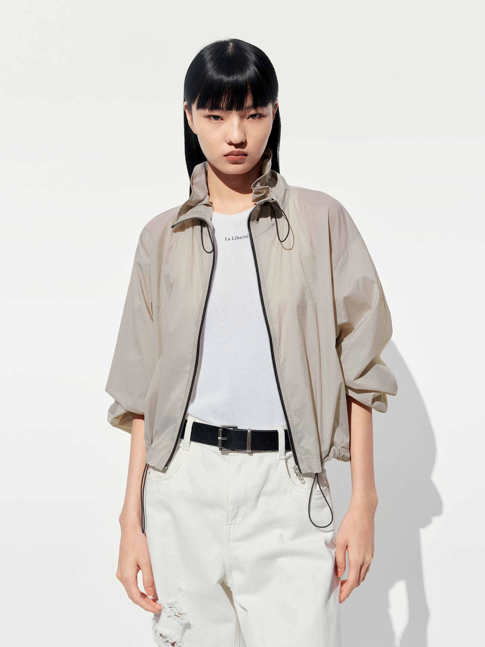 Anti Pilling Textile Lightweight Drawstring Cropped Jacket
