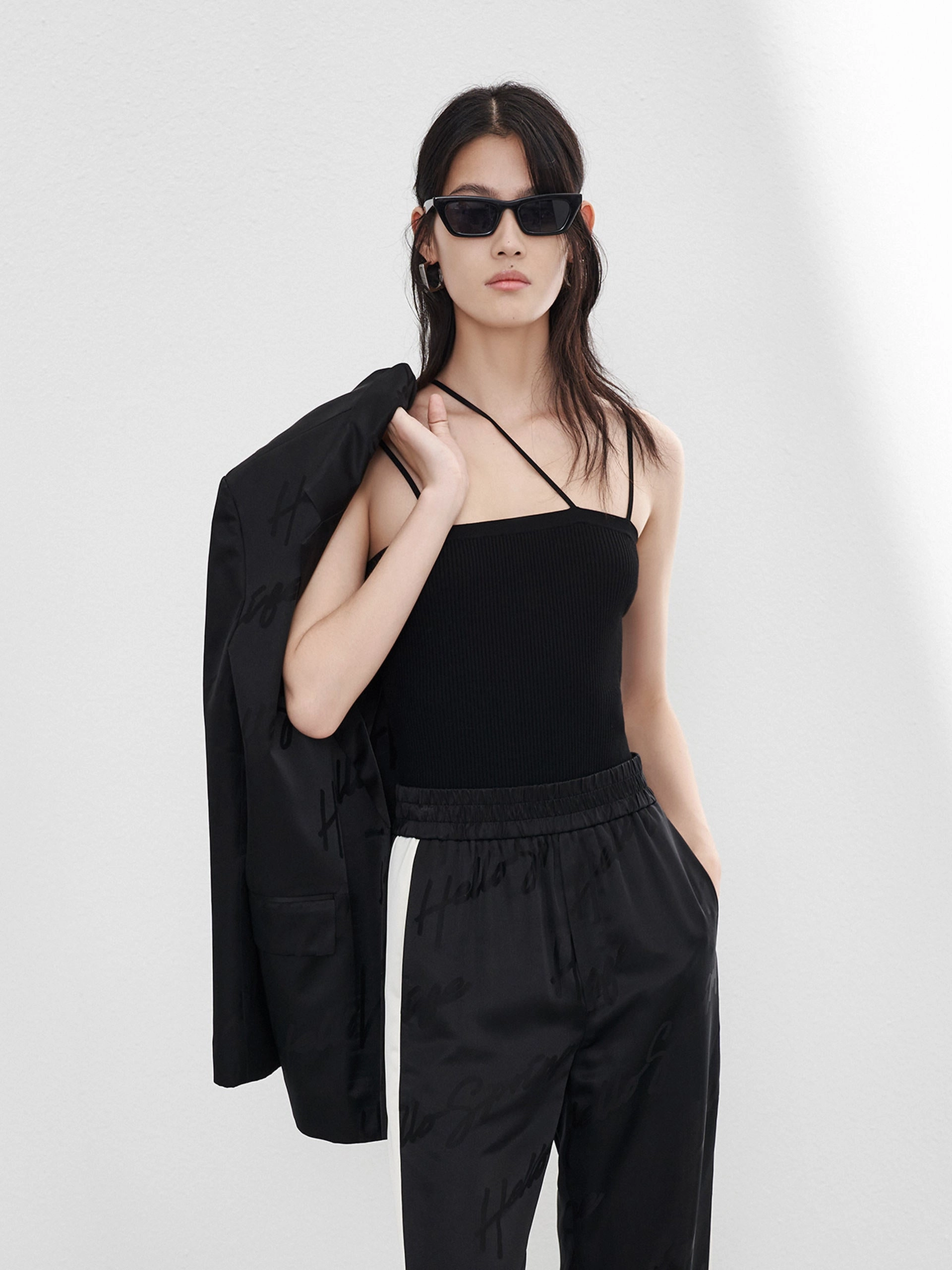 HighNeckCut Spaghetti Strap Ribbed Knit Tank Top