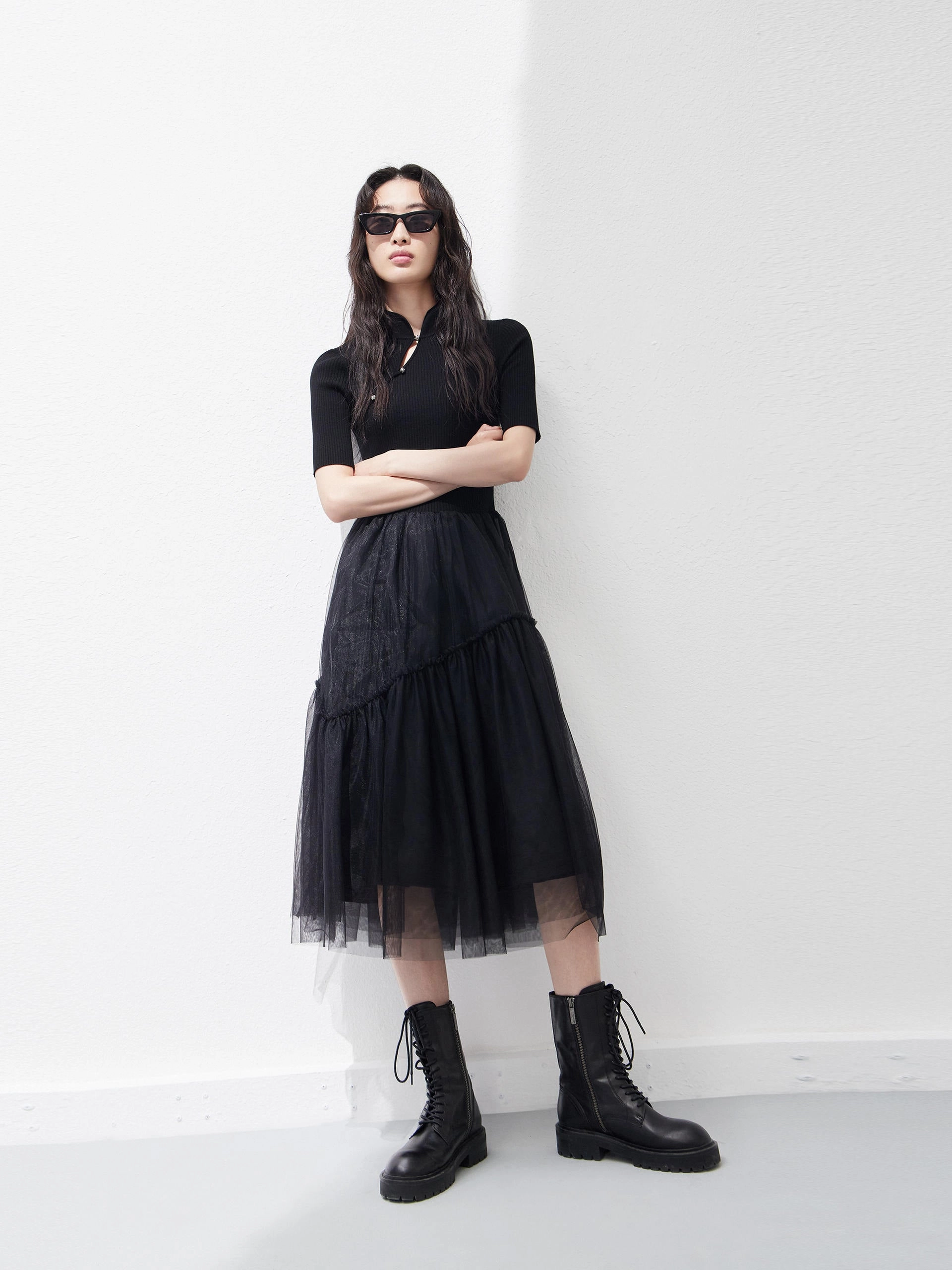 Business casual Relaxed Line Splicing Slanted Placket Dress