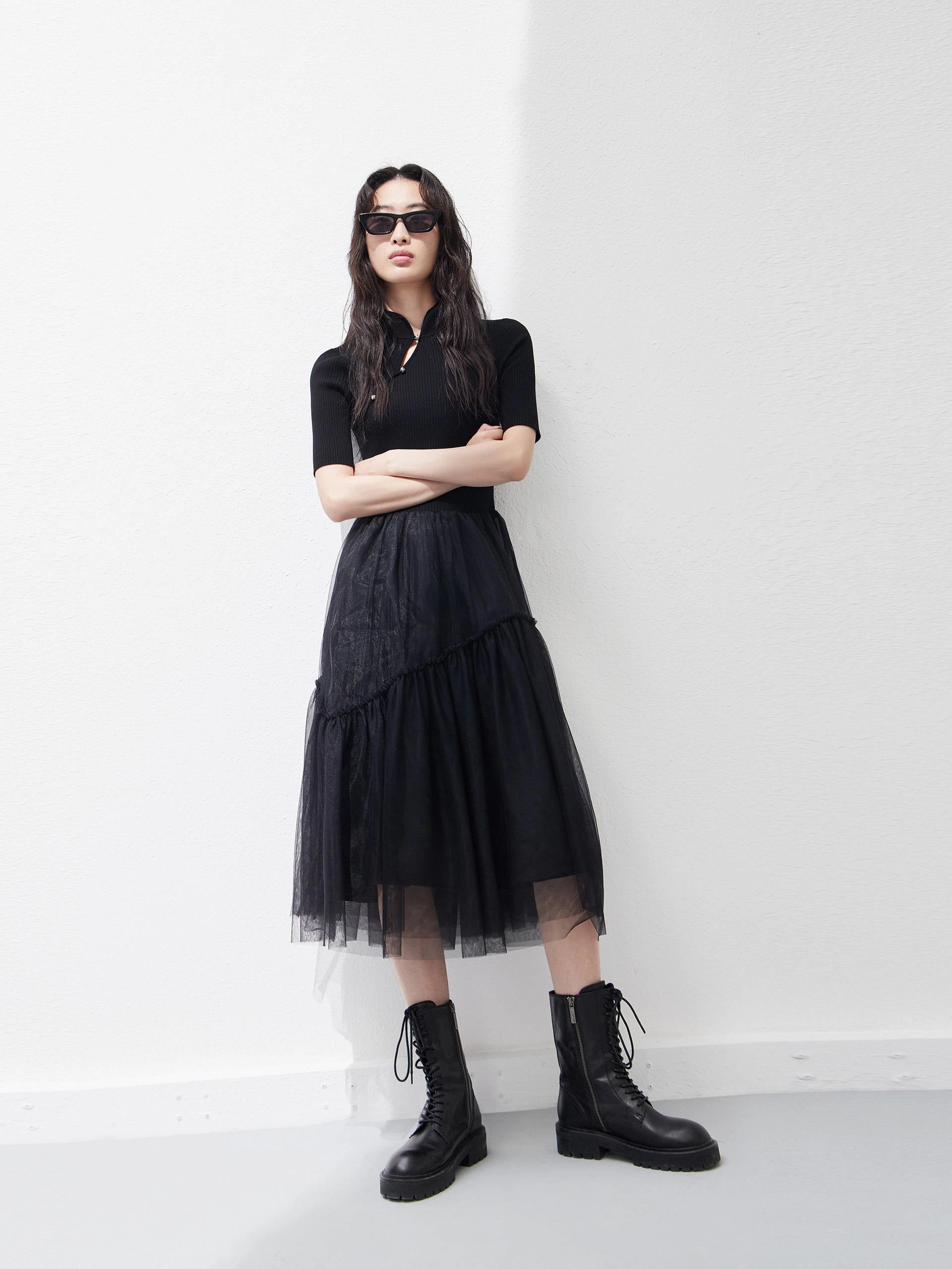 Splicing Slanted Placket Dress Pure Tone