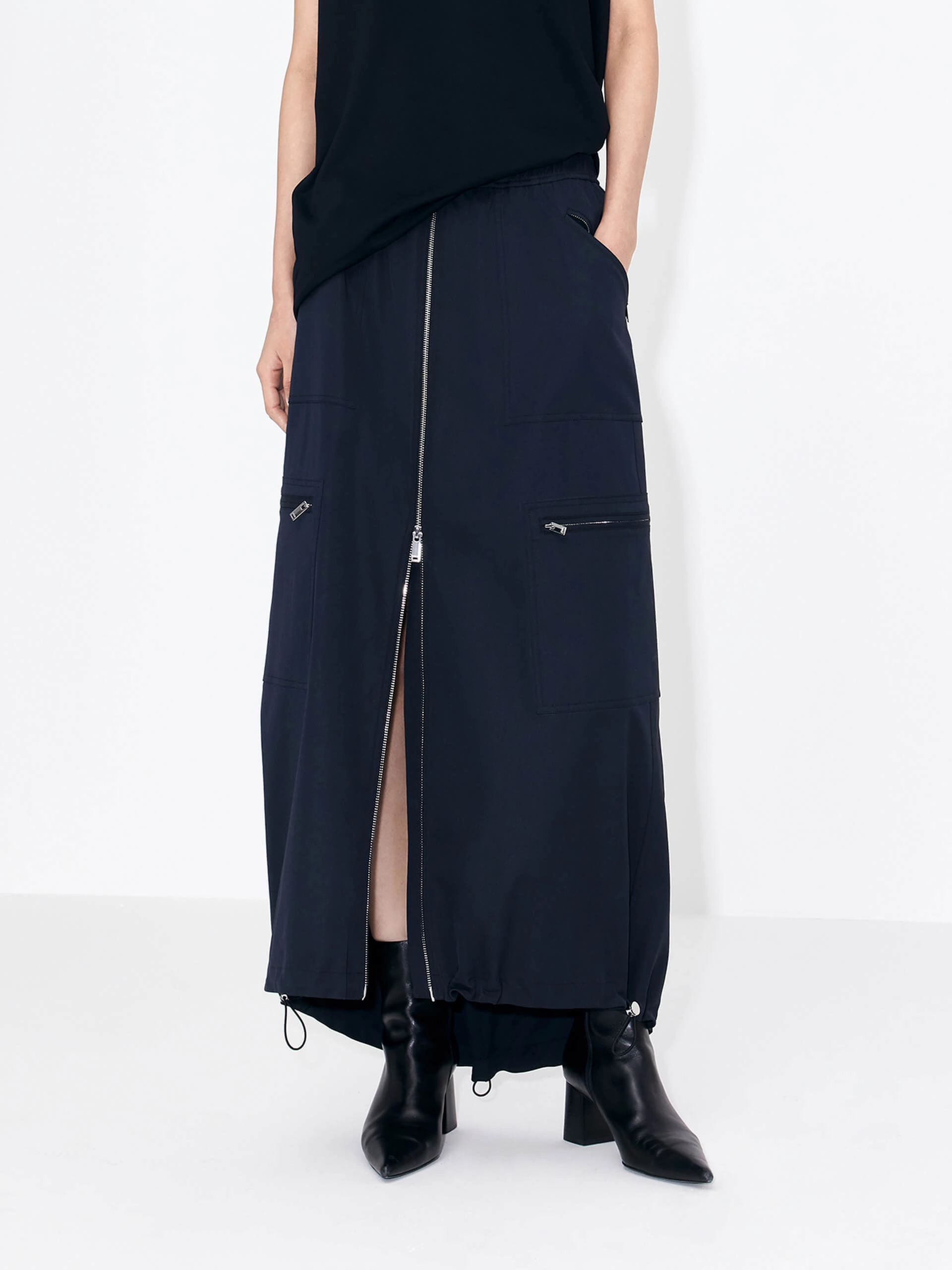 Front Zipper Elastic Waist Skirt Cozy Casual