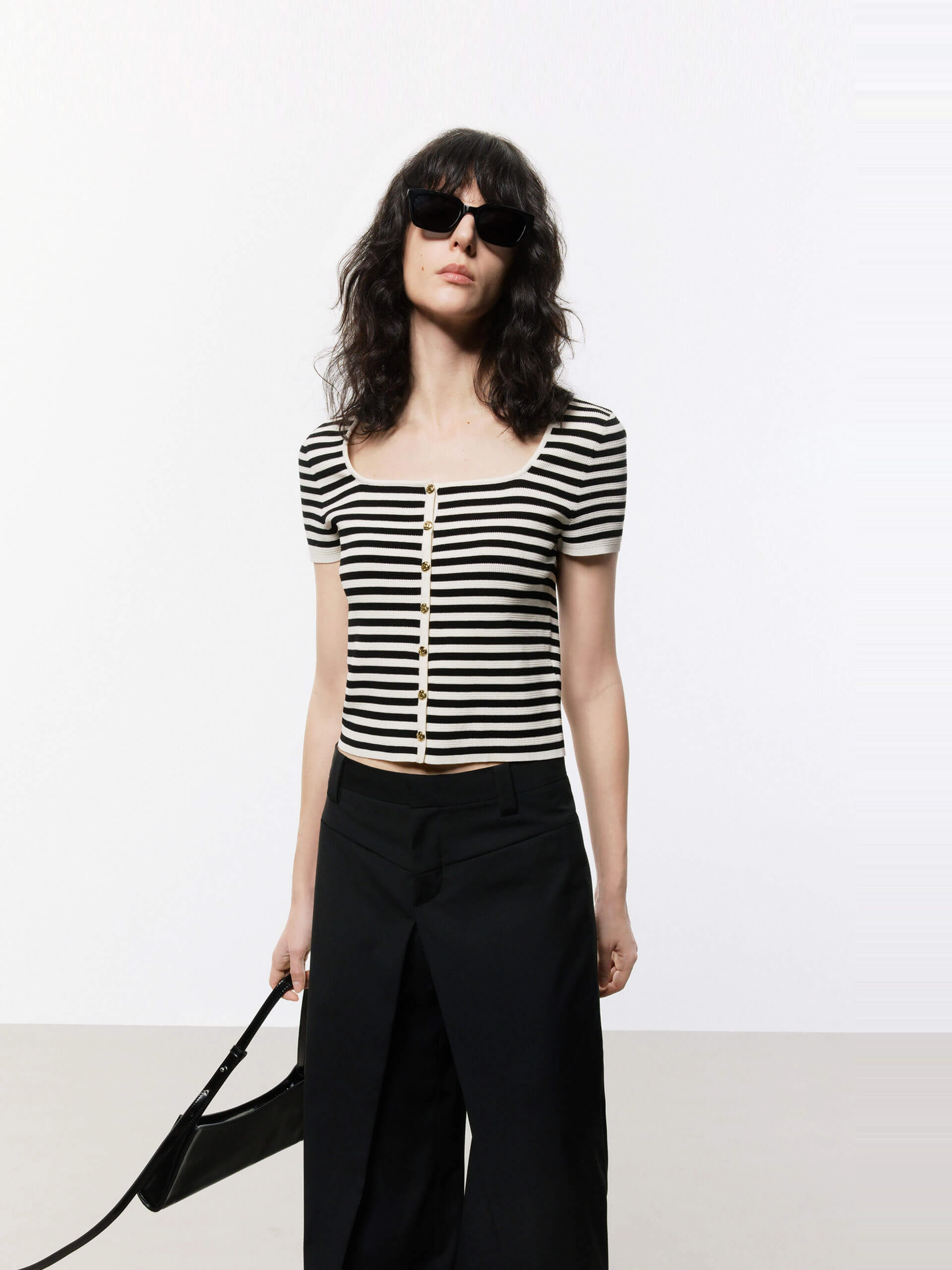 Square Collar Striped Top DurableDoubleLayeredHem
