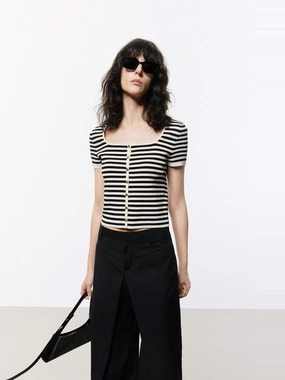 Square Collar Striped Top DurableDoubleLayeredHem
