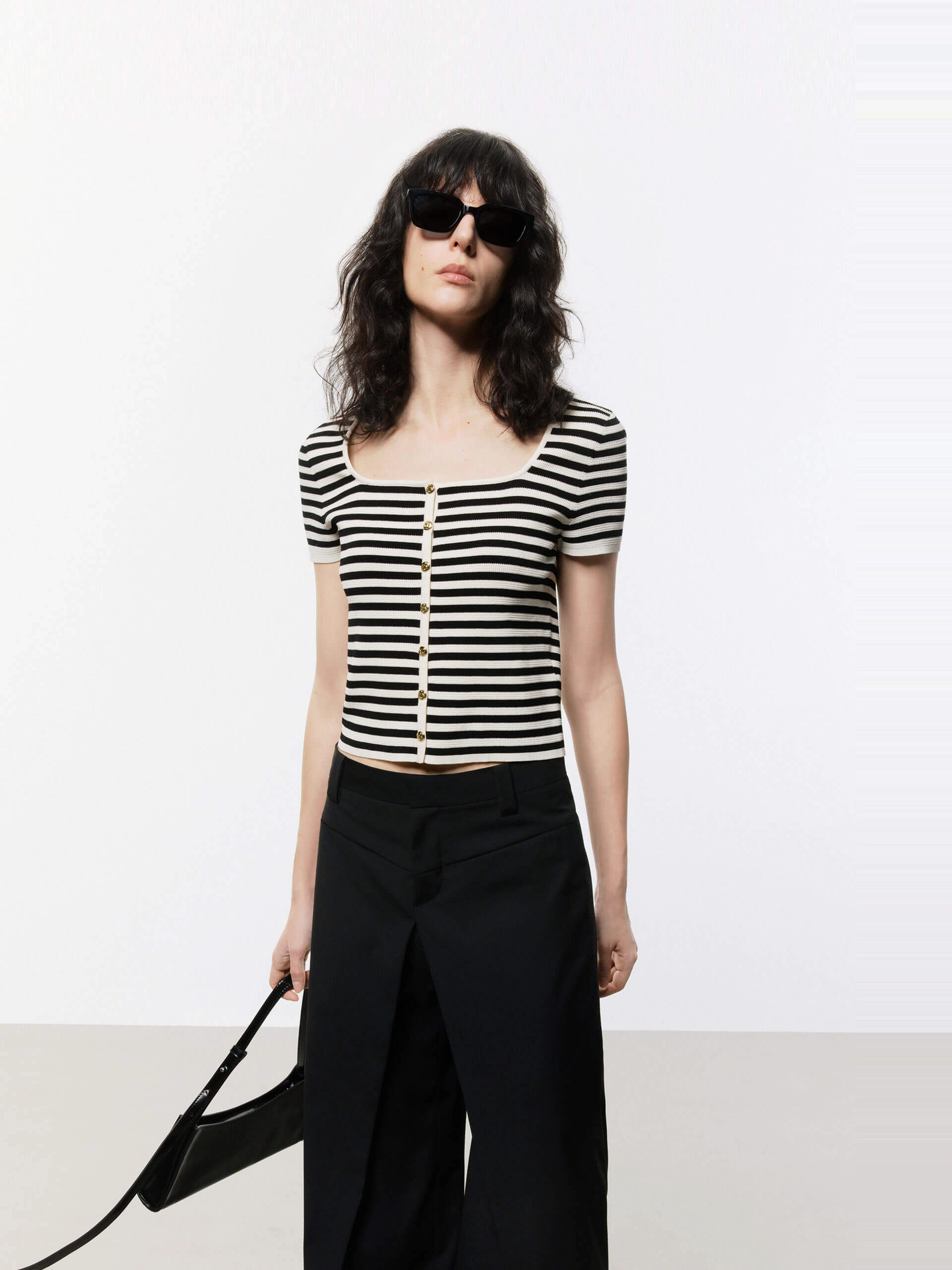 Layered Hem Reinforcement Square Collar Striped Top