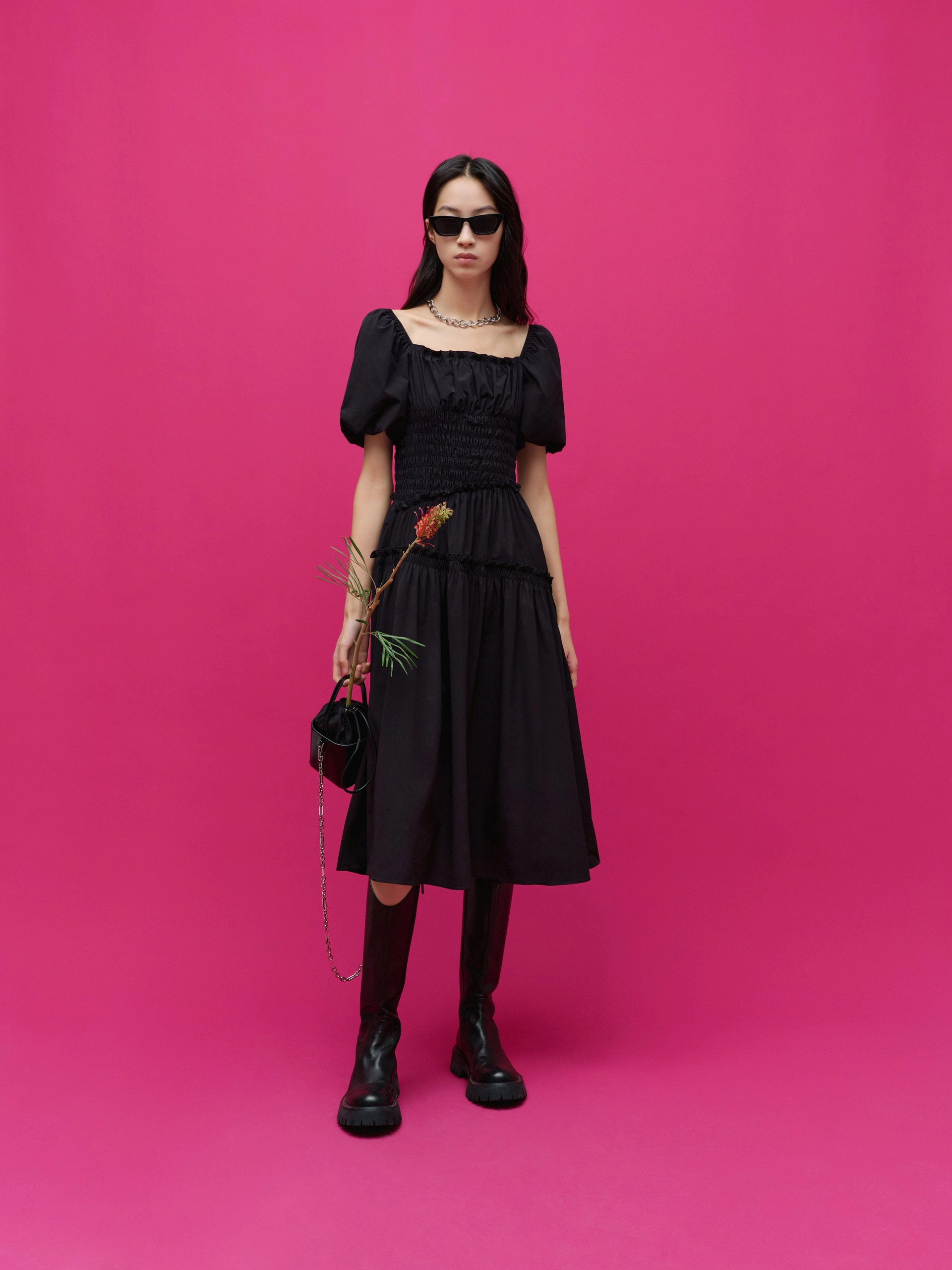 Luxe style Invisible-Zip Square Neck Smocked Dress