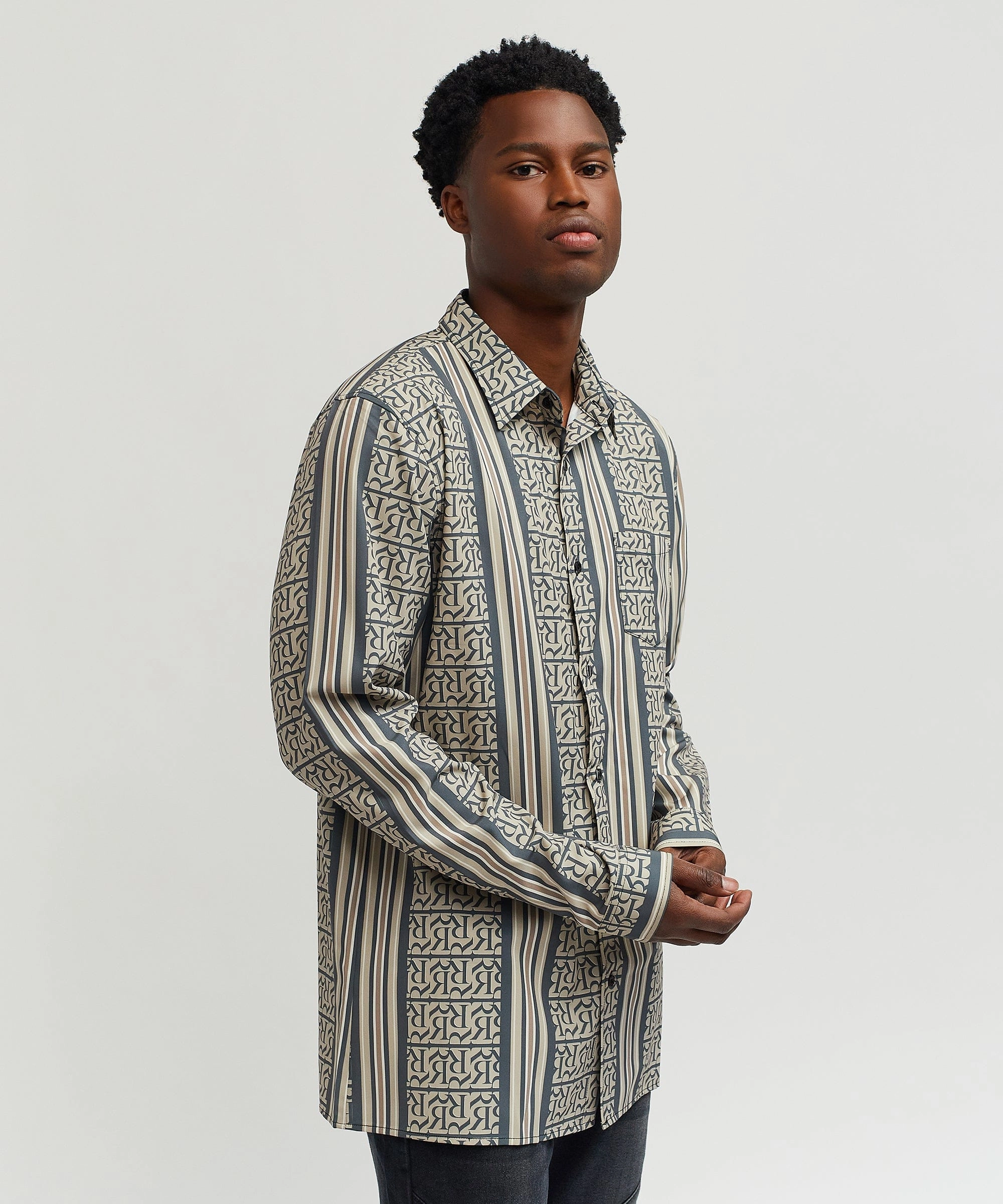 Microfiber Material Snag Proof Weave Monogram Long Sleeve Woven Shirt
