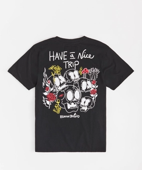Stylish Outfit Nice Trip Short Sleeve Graphic Print Embroidered Pocket Tee - Black