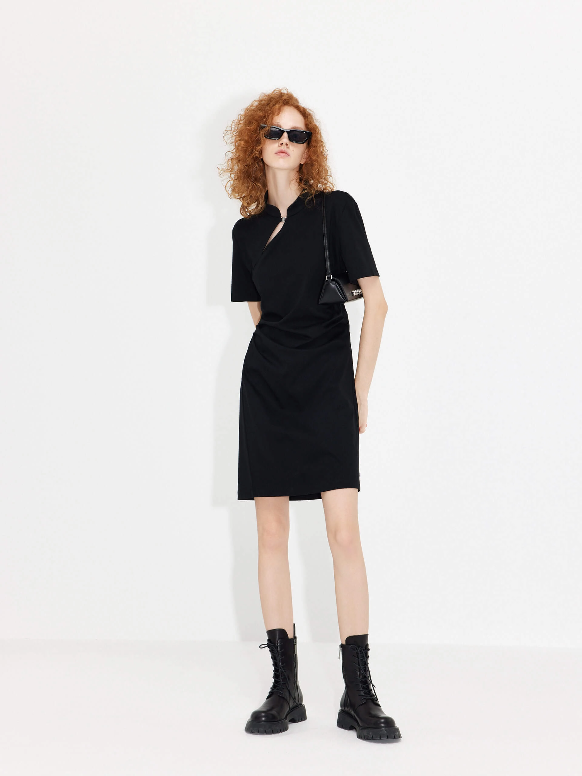 Stand Collar Pleated Dress FadeResistantColor Lounge Base