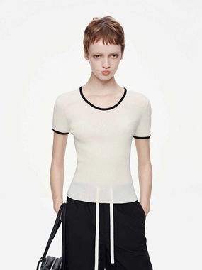 Contrast Crewneck Knitted Top Sheer Overlay Material