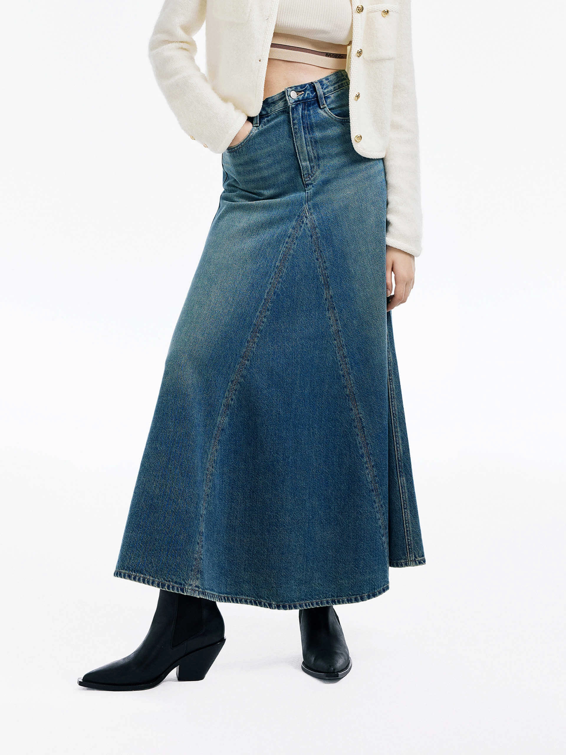 Paneled Denim Midi Skirt Relax Fit