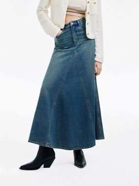 Paneled Denim Midi Skirt Outdoor Comfort Fit Loose Design
