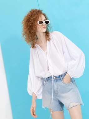 Strap Tie Detail Cotton Shirt Breathable fabric AthleisureCompatible