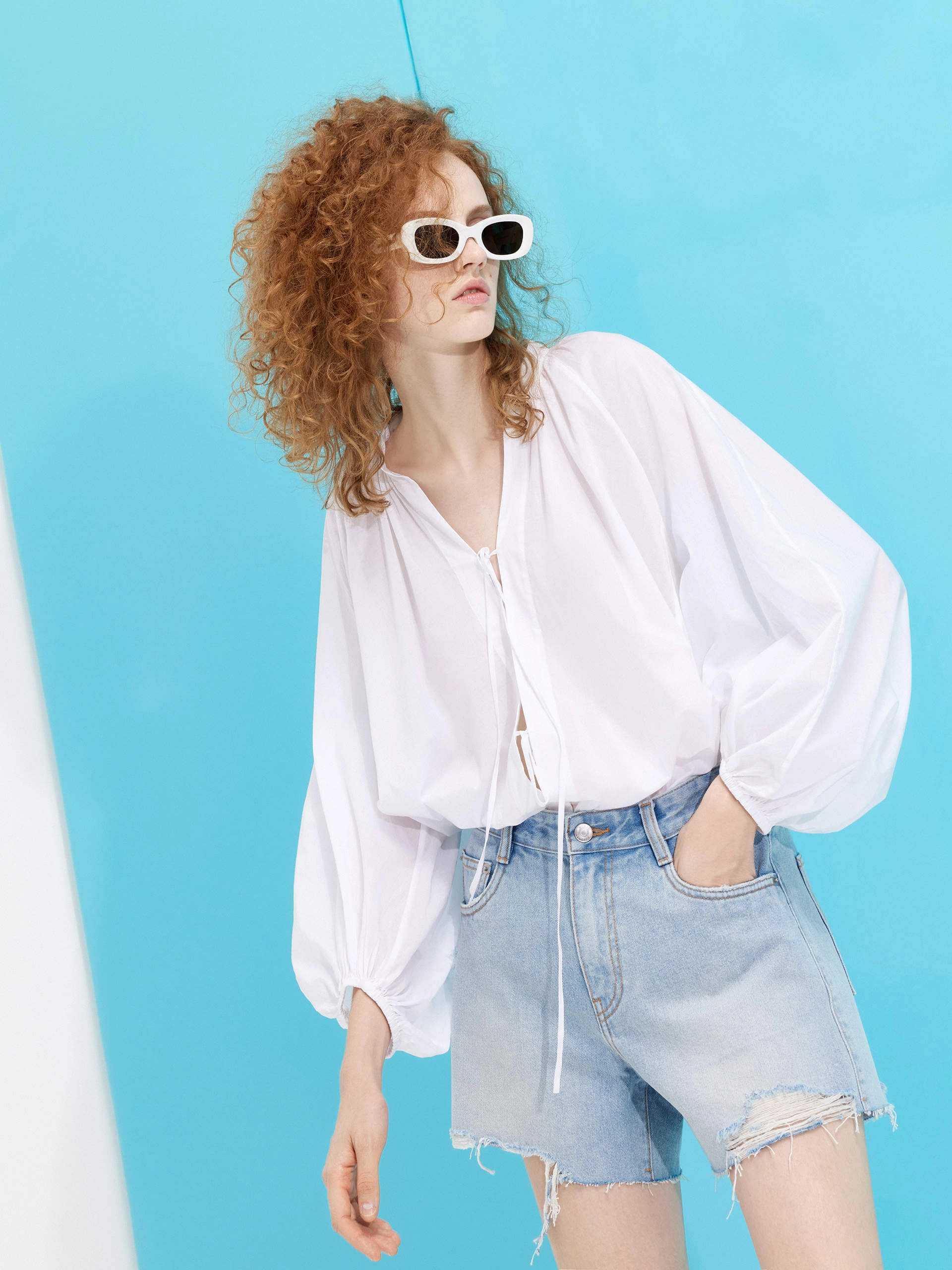 Strap Tie Detail Cotton Shirt Long Sleeve Shirt