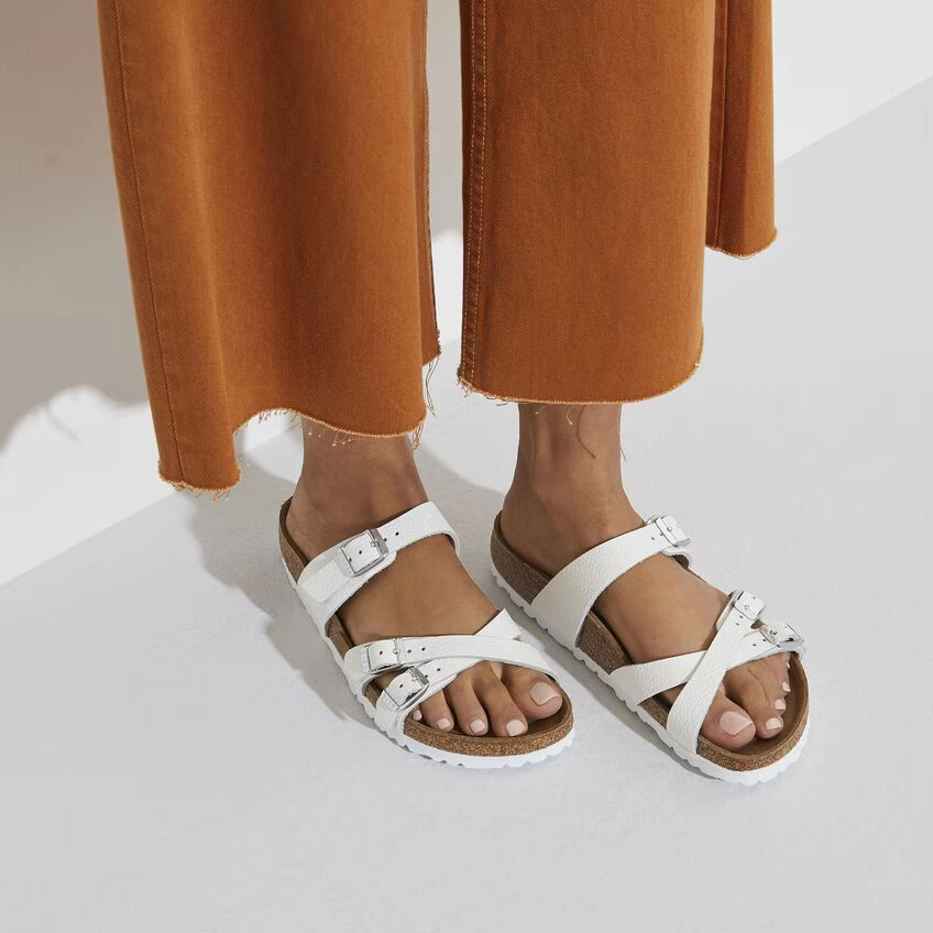 Franca Leather Narrow Sandals Antique White Yellow Warm Flexible Groove Design