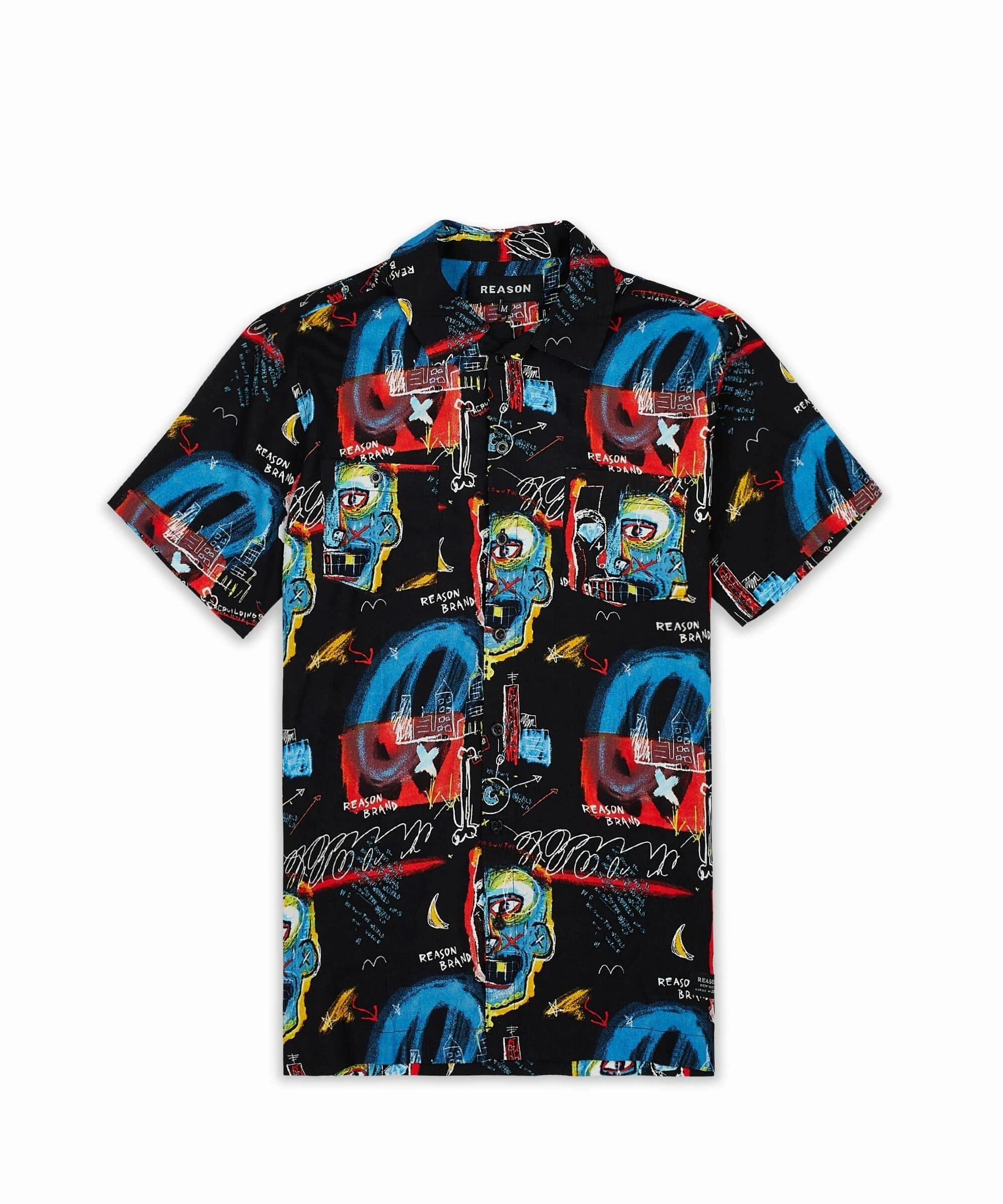 Ribbed Trim Quick Access Slit Street Art Allover Print Short Sleeve Shirt