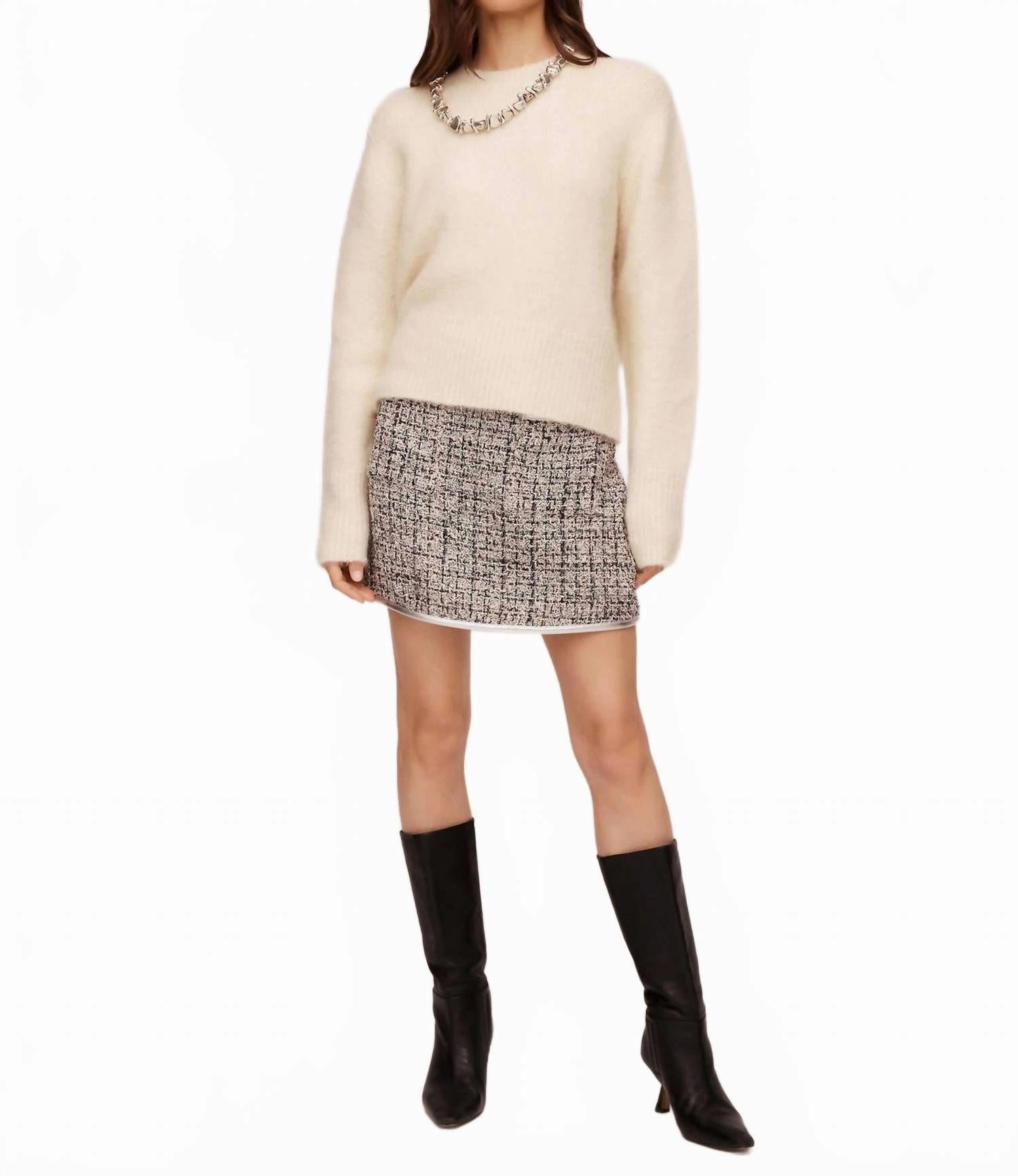 Luxury Fiber Blend Elastic hem Arely Crewneck Sweater In Snow