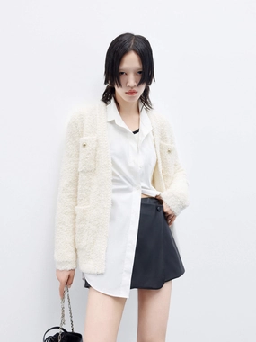 NoiseReduciting Zipper Fluffy Textured Knit Cardigan