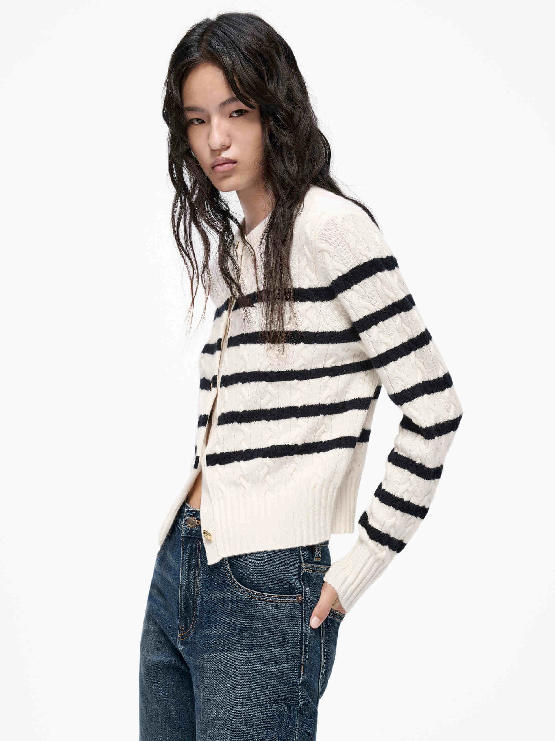 Cable Texture Striped Cardigan MidweightJersey