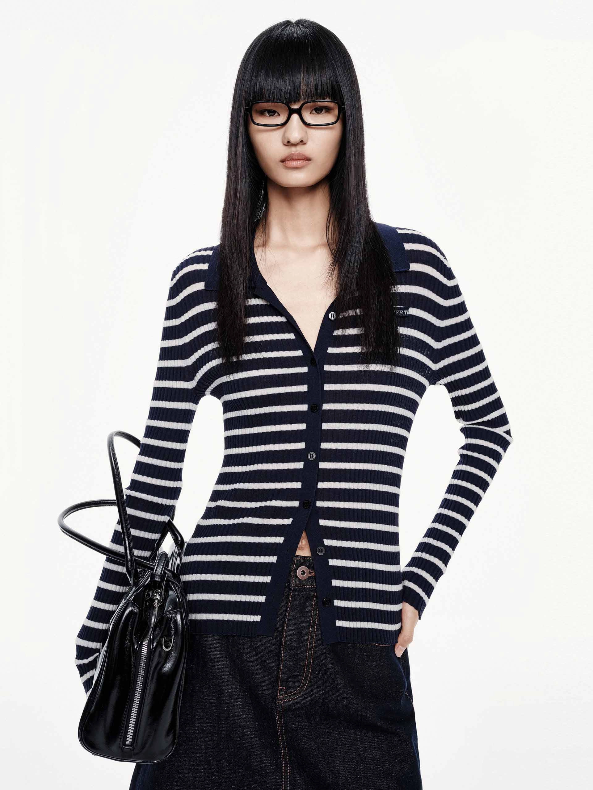 Wool Blend Striped Cardigan Wrinkle Free Texture