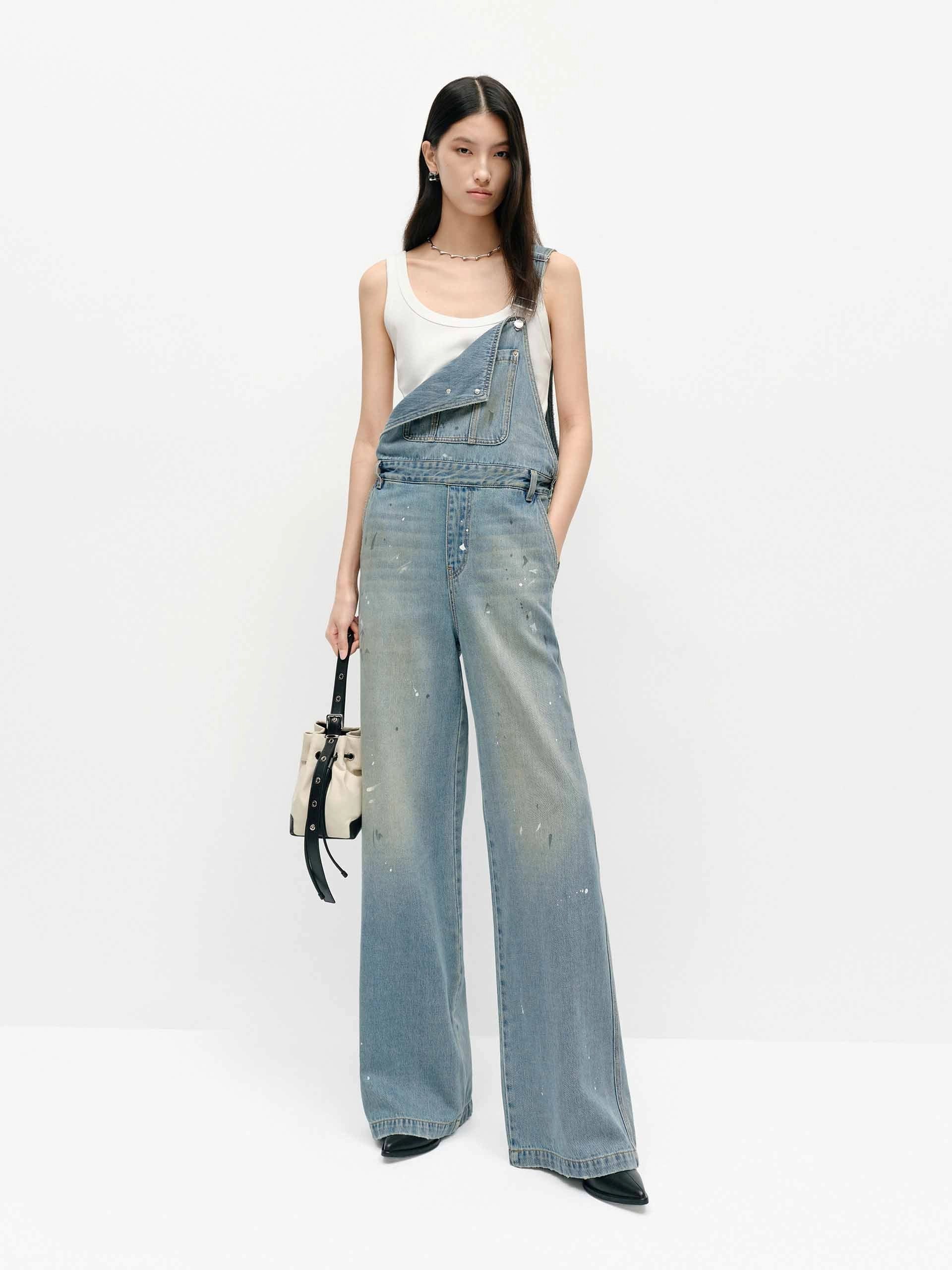 Paint Detail Denim Overalls Flattering Fit EcoFriendlyMaterial