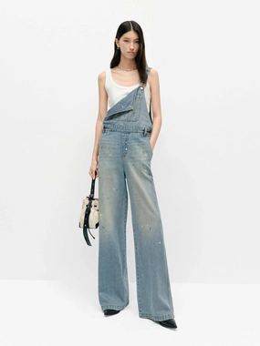 Paint Detail Denim Overalls Sporty Style
