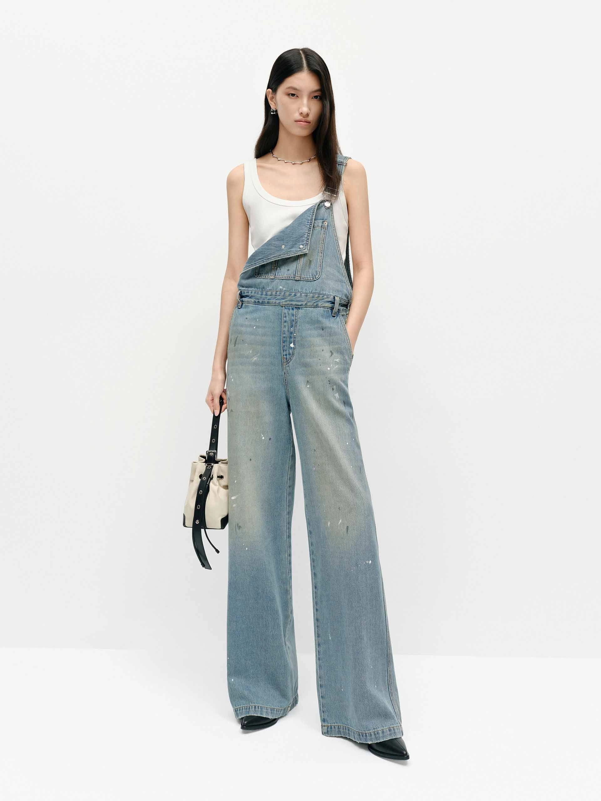 Paint Detail Denim Overalls Sporty Style