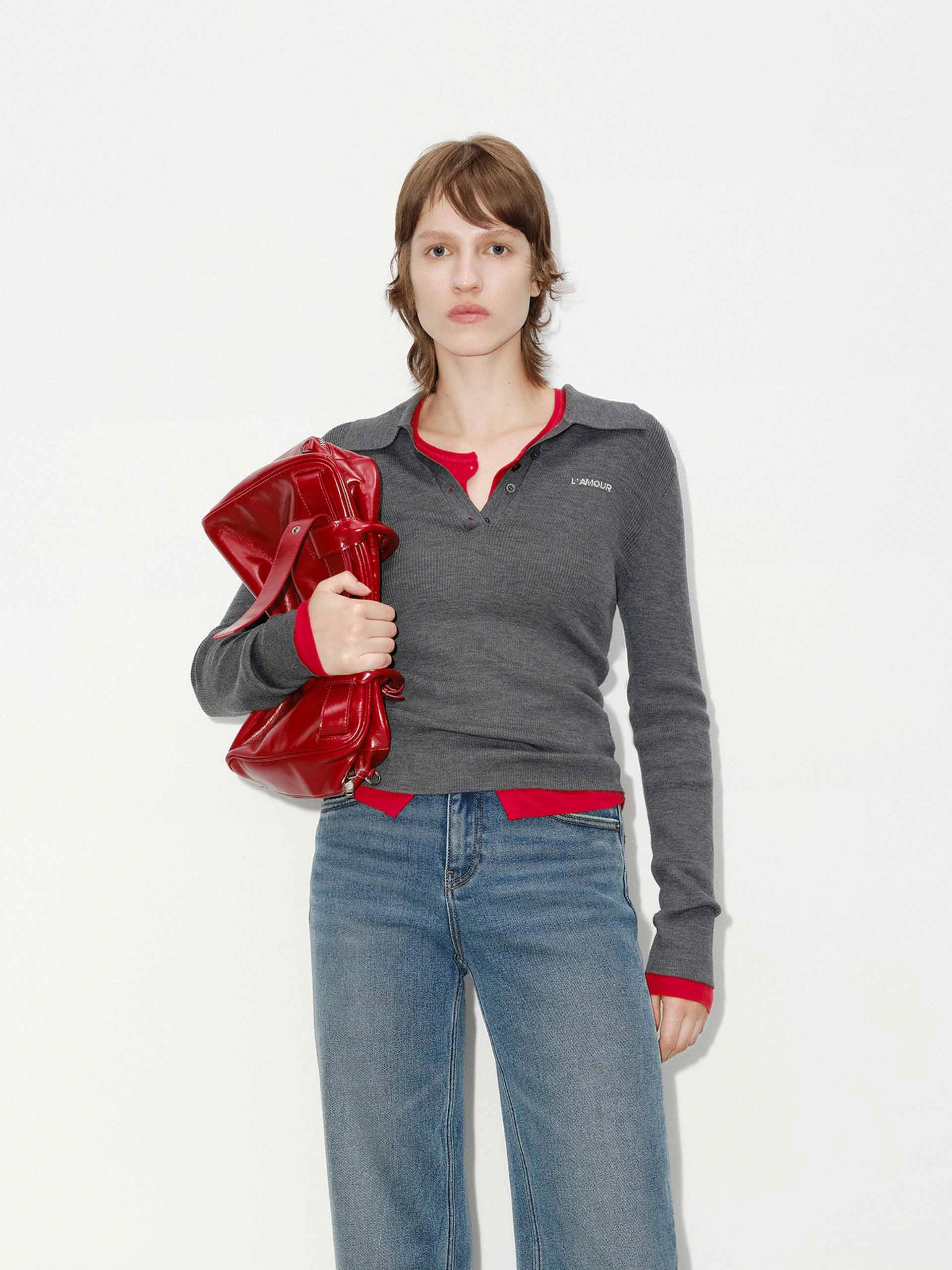 Wool Blend Fitted Knit Top Stretch Comfort