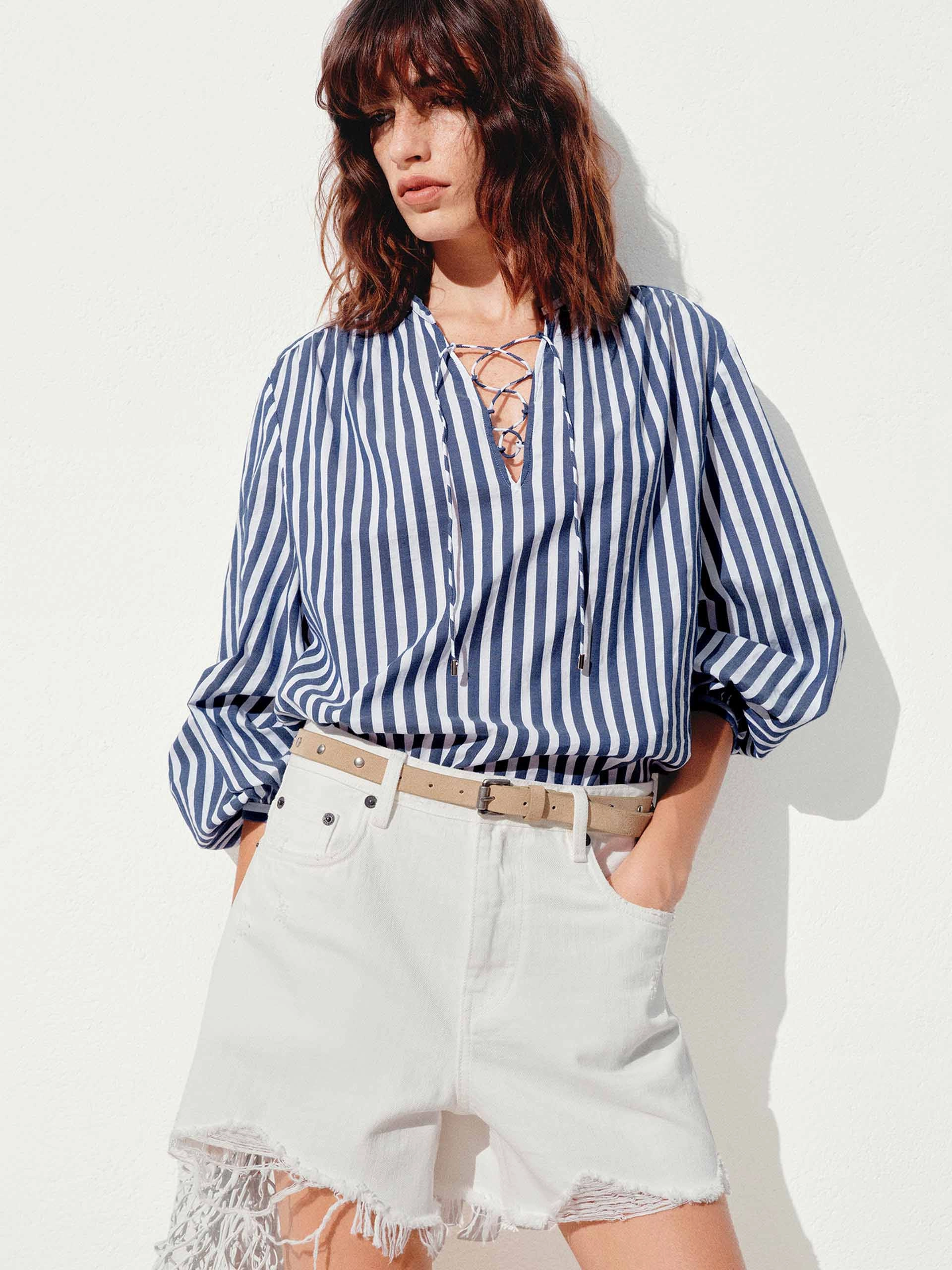 Flowing Design Stripe V-neck Blouse