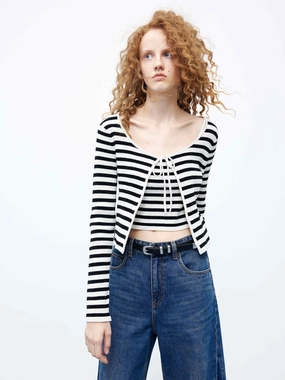 DoubleLayeredShoulders Fray Resistant Edges Striped Crop Cardigan Set