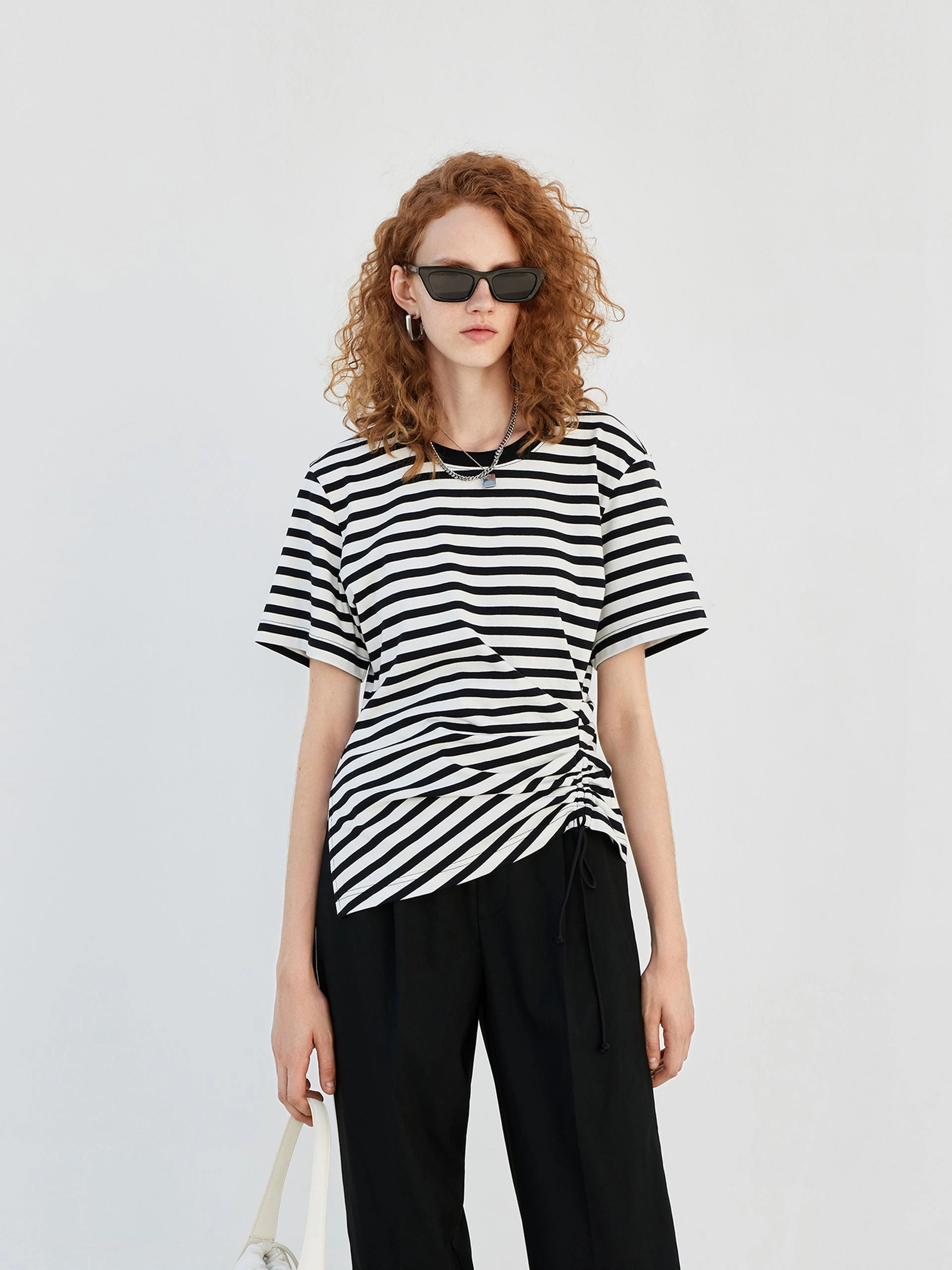 Striped Drawstring Detail T-shirt Ultra Soft Texture Summer Style