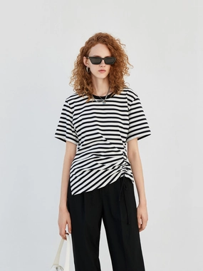Striped Drawstring Detail T-shirt Ultra Soft Texture Summer Style