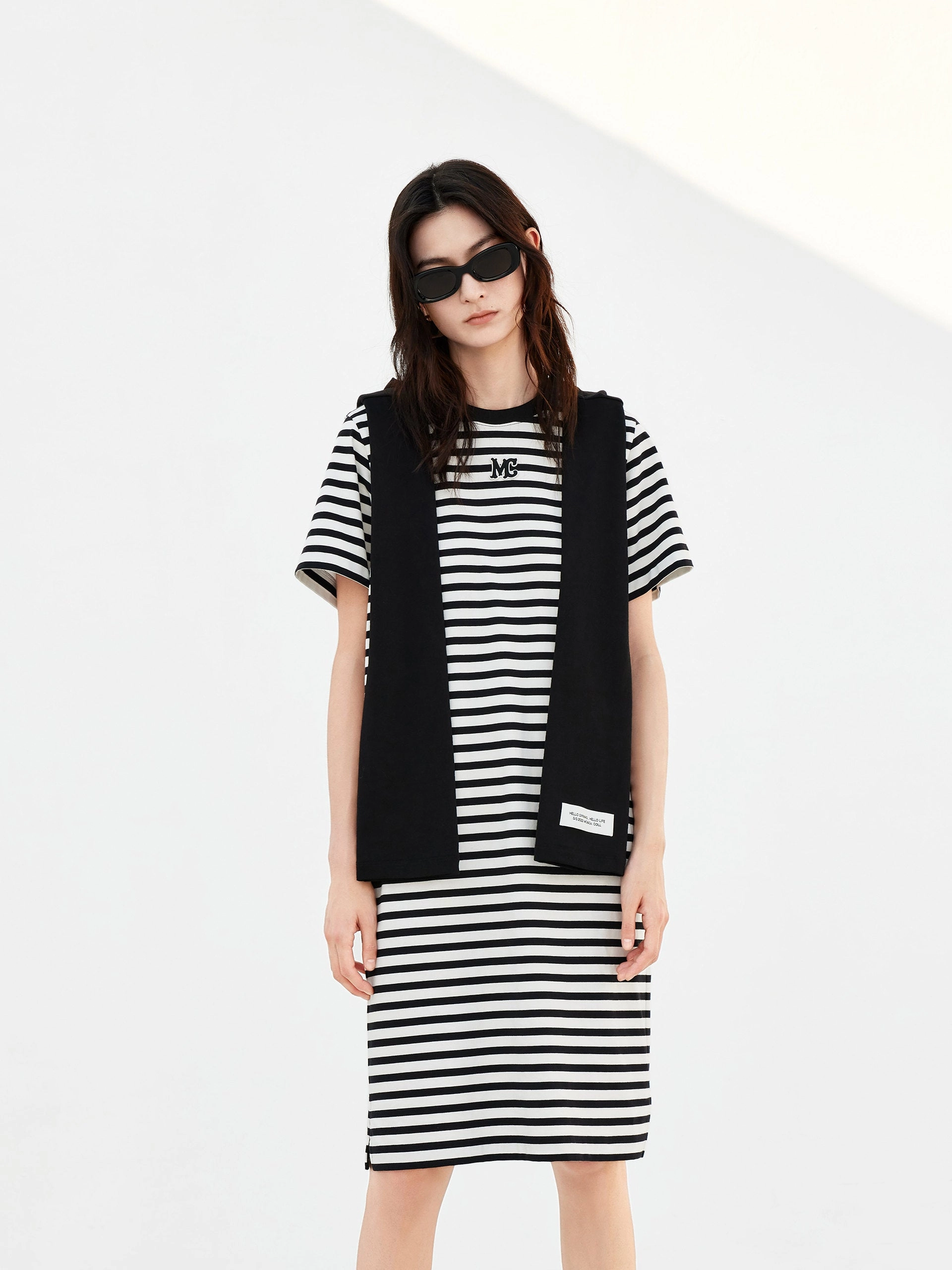 Recycled-Material Striped Mini Dress with Scarf