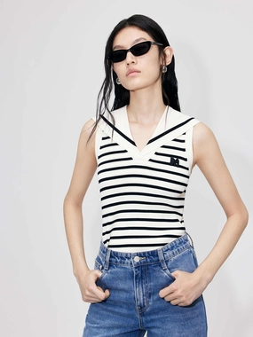 Striped Navy Collar Knit Top Anti Pilling Treatment