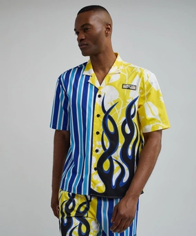 Stripes And Flames Split Short Sleeve Shirt Flexible Waistband Adaptation TaglessCollar