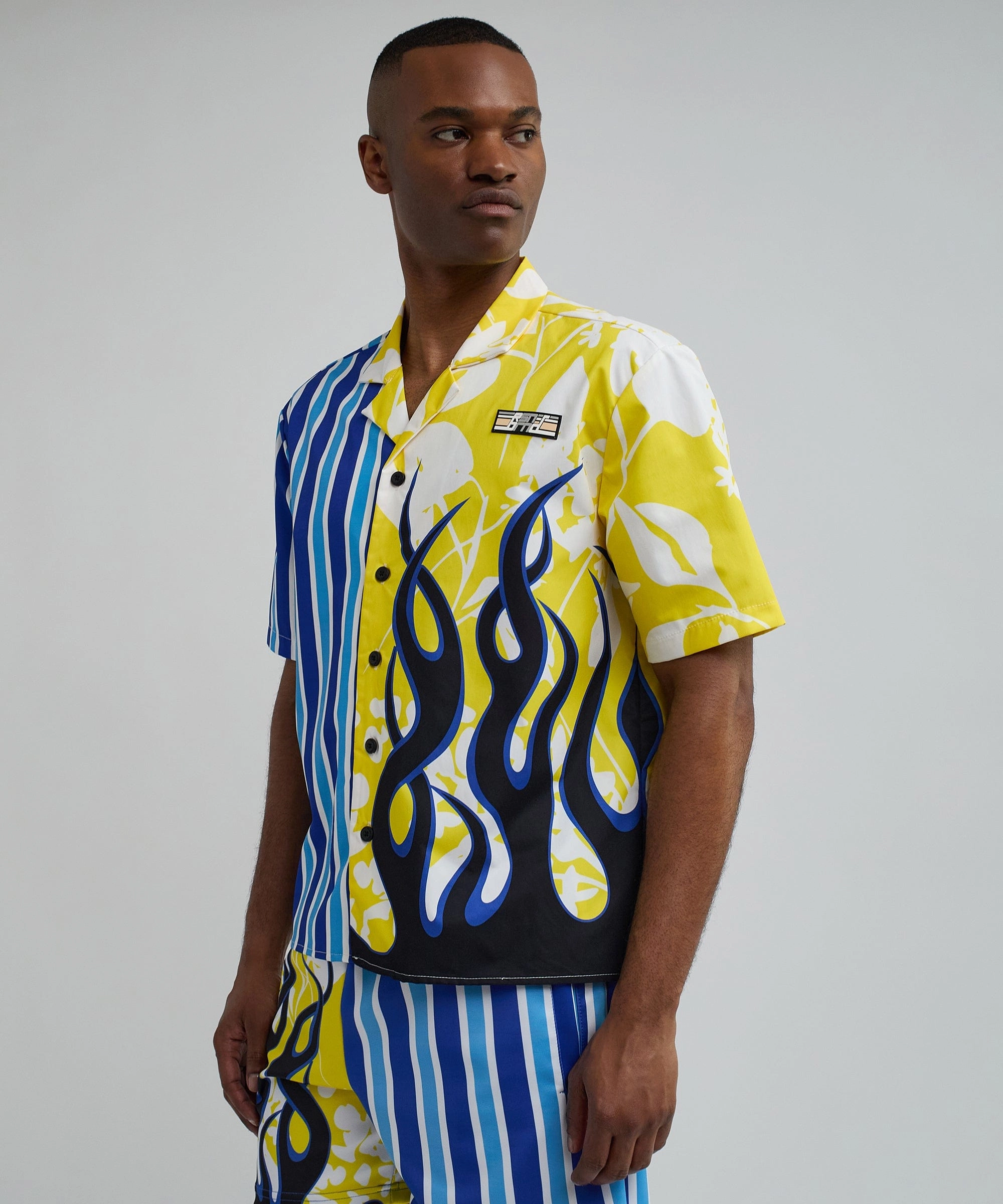 FlatlockStitching ButterySoftTextile Stripes And Flames Split Short Sleeve Shirt
