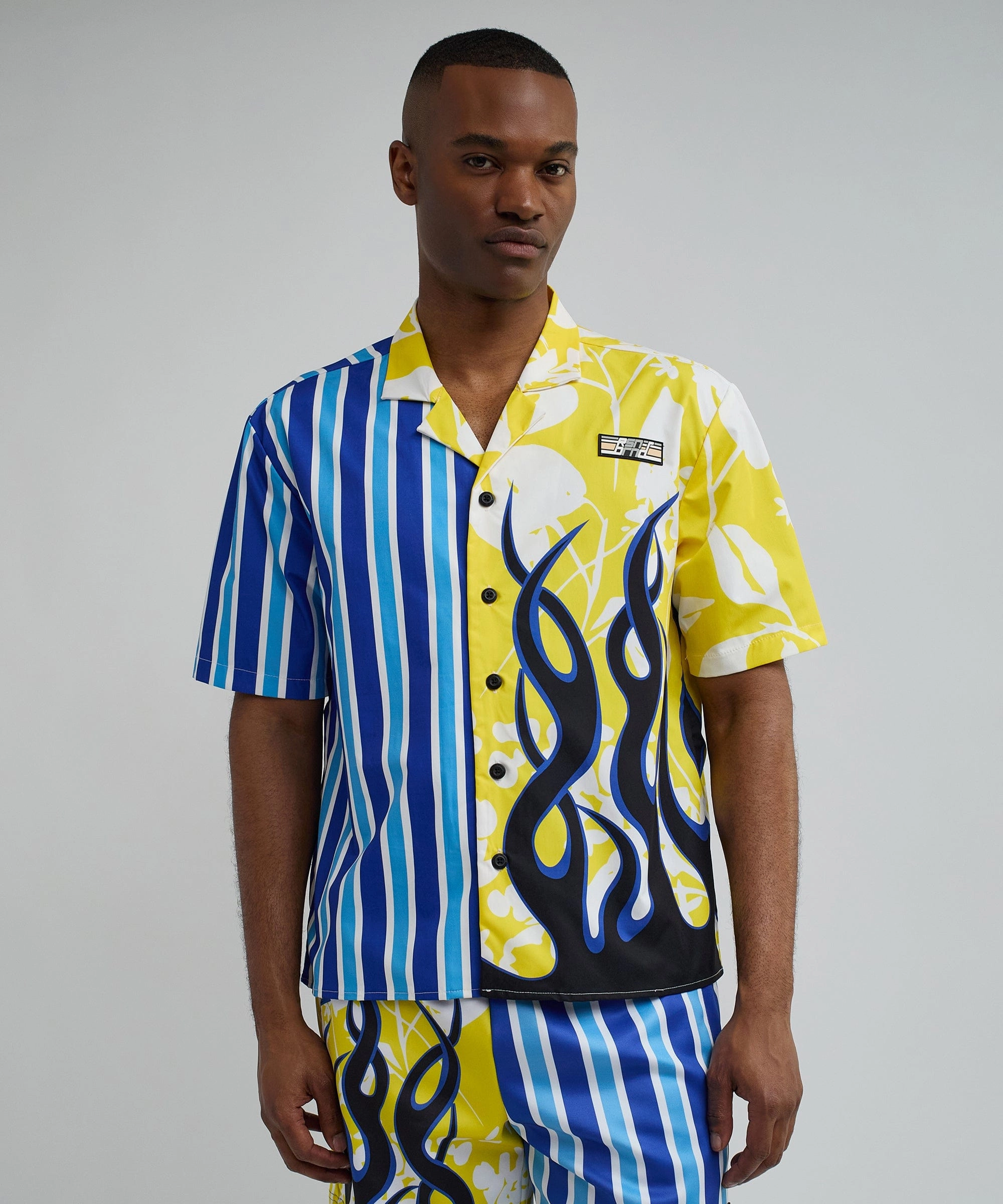 Circular Knit Drop Shoulder Stripes And Flames Split Short Sleeve Shirt