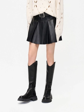 Quick Conversion Hem High Waist PU Pleated Skirt
