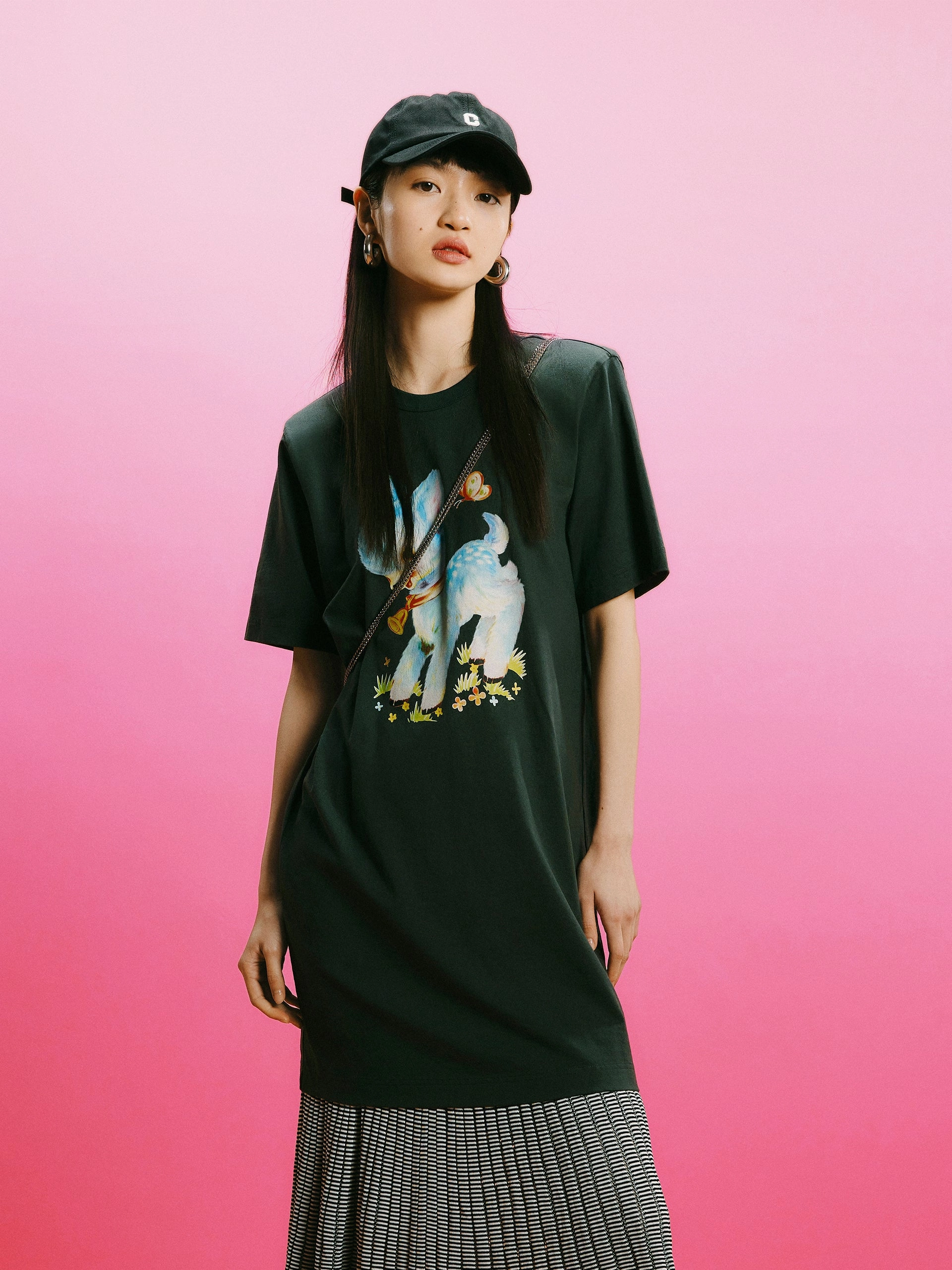 Cartoon Print T-shirt Dress Low-Waist Gloss Finish