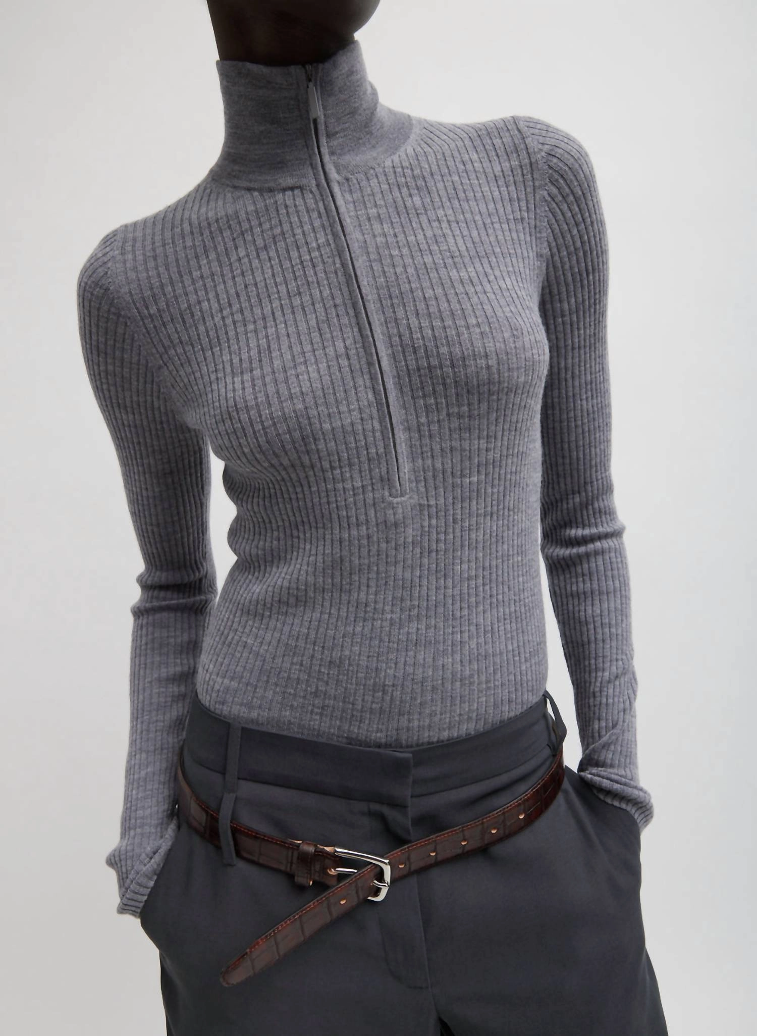 Relaxed Fit Feather Weight Ribbed Tneck Zip Up Sweater In Grey